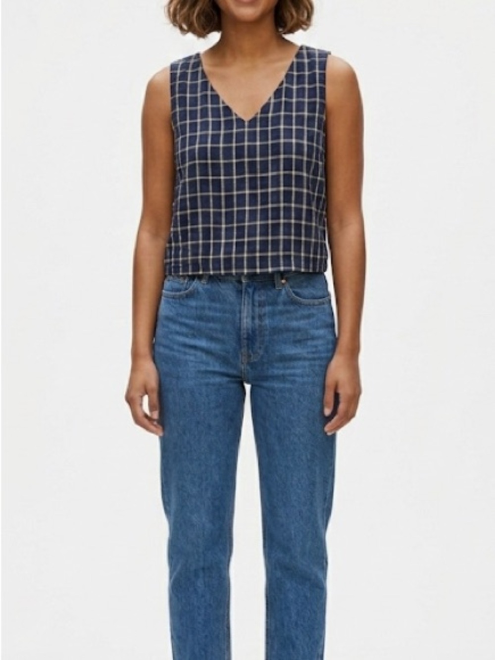 Babaton Plaid Navy Blue Plaid Vneck Sleeveless Blouse Size Medium